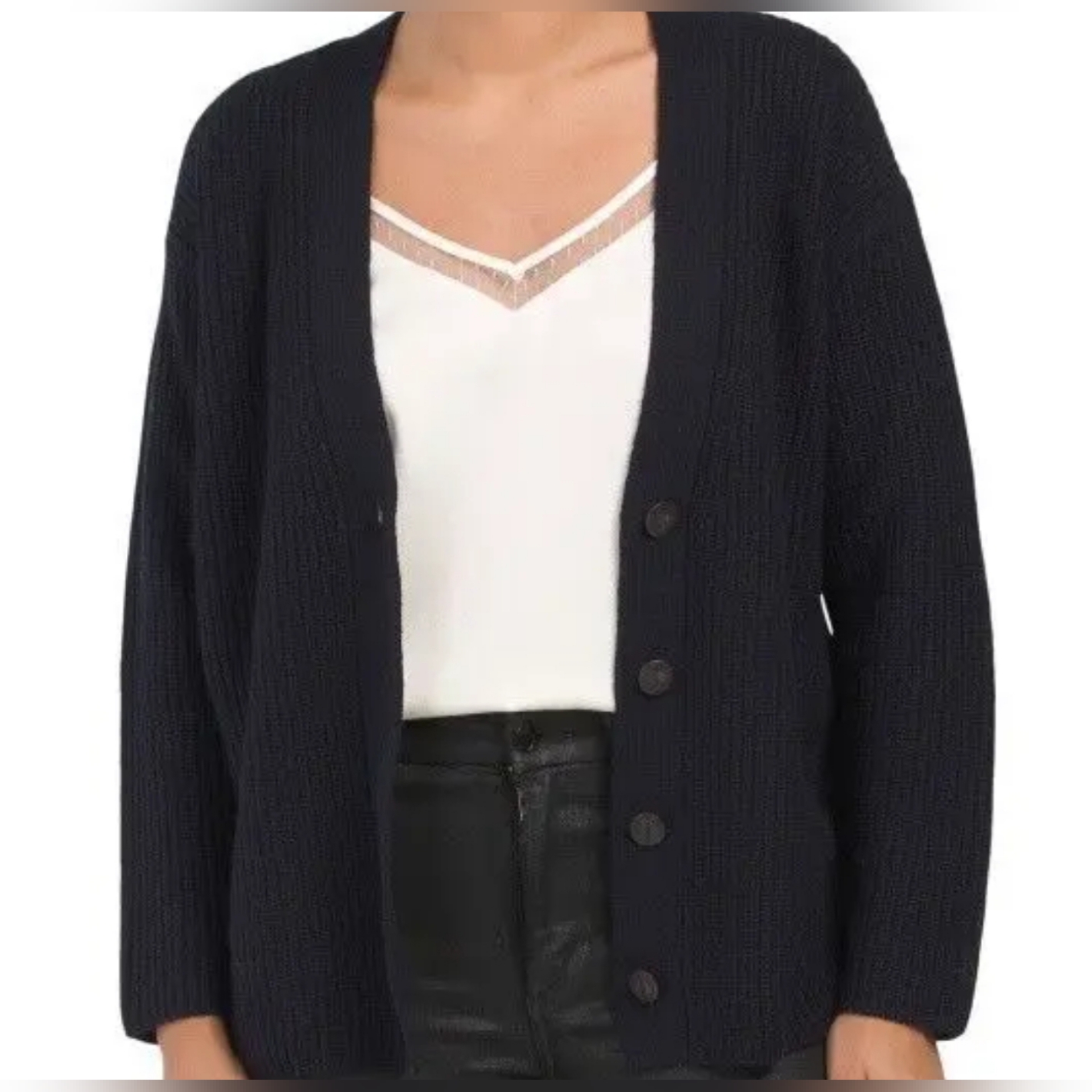 Vince Navy Wool Cashmere Ribbed Cardigan Deep V-Neck 4-Button Closure L $425